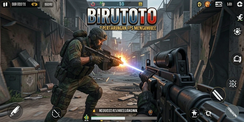 Screenshot gameplay BIRUTOTO menampilkan aksi menegangkan dalam pertempuran FPS.