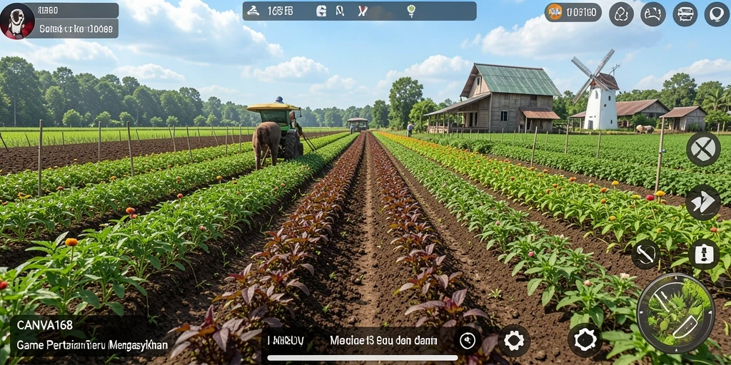 Tampilan gameplay CANVA168 dengan kebun yang indah dan aktif.