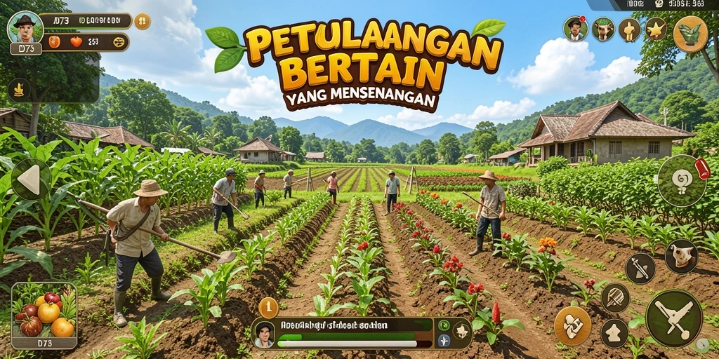 Tampilan gameplay D73 yang menunjukkan ladang yang subur dan hewan-hewan yang bahagia.