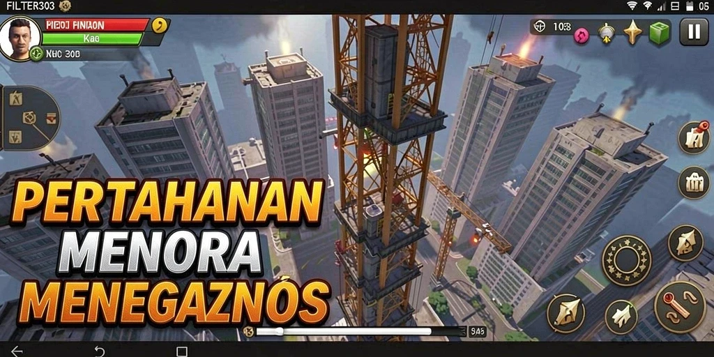 Screenshot FILTER303 menampilkan aksi intens dalam game Tower Defense.
