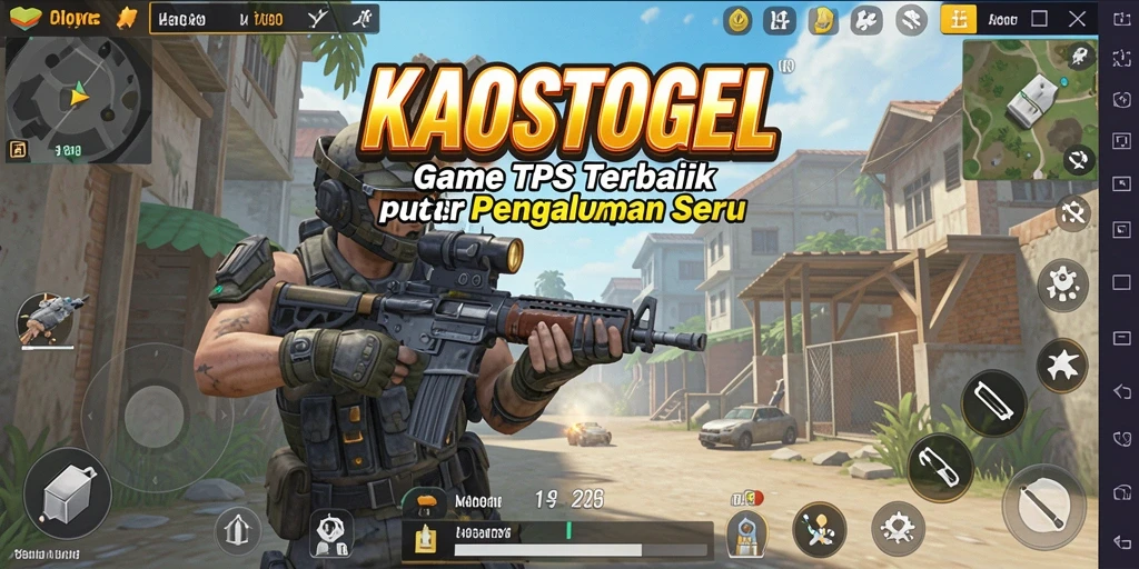 Screenshot utama KAOSTOGEL menampilkan aksi seru dalam gameplay TPS.