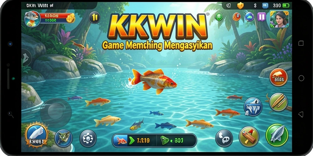 Screenshot KKWIN menampilkan pemain yang sedang memancing di danau yang indah.