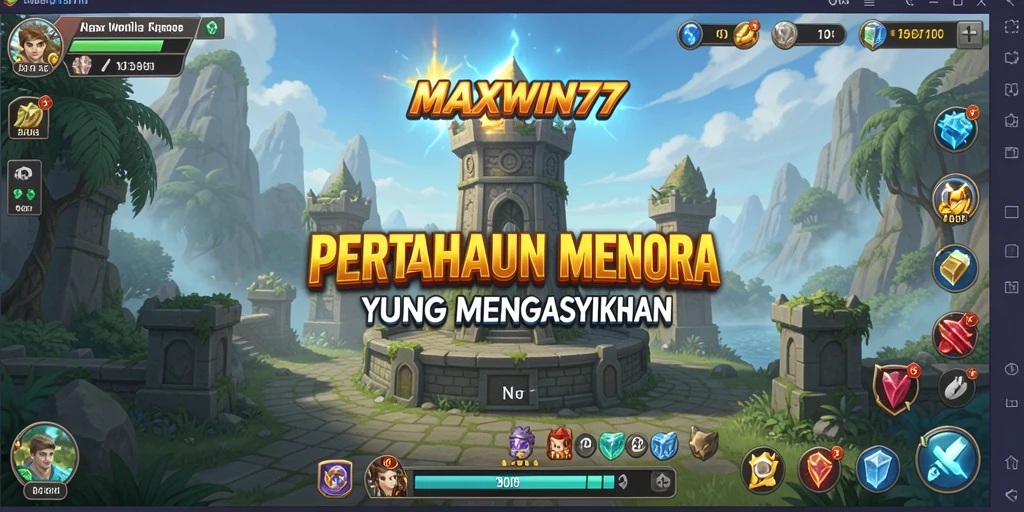 Tampilan gameplay <strong>MAXWIN77</strong> dengan menara yang berperang melawan gelombang musuh.