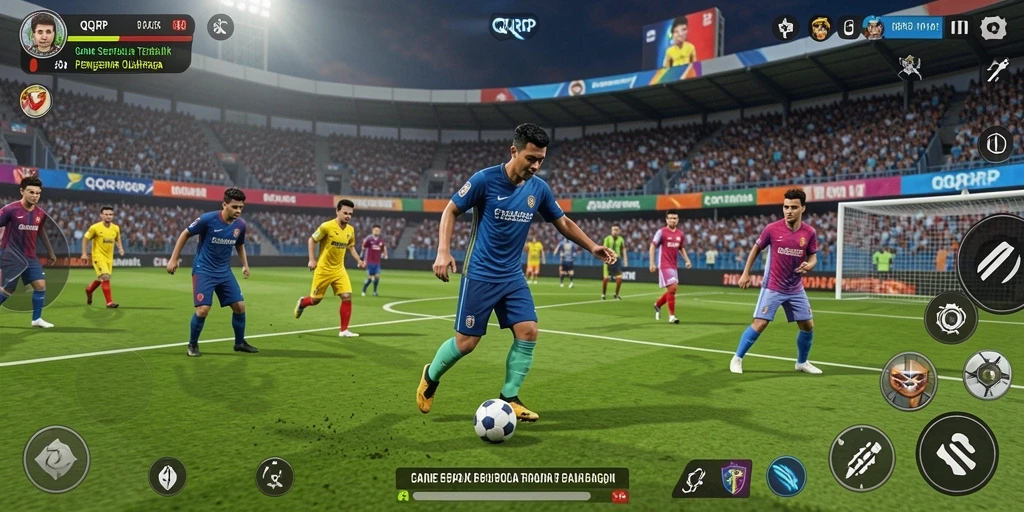 Screenshot gameplay <strong>QQRP</strong> yang menampilkan aksi di lapangan sepak bola.