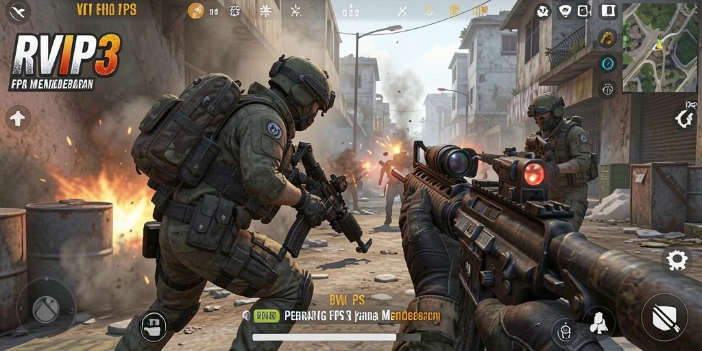 Tampilan gameplay mendebarkan dari RVIP3, menunjukkan aksi tembak-menembak yang intens.