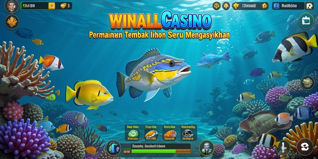 Screenshot gameplay <strong>WINALLCASINO</strong> menampilkan momen menembak ikan yang seru.